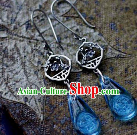 China Handmade National Silver Plum Blossom Earrings Traditional Cheongsam Aquamarine Ear Accessories