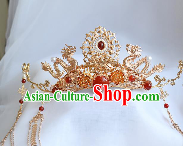 Chinese Traditional Wedding Bride Hair Accessories Ancient Ming Dynasty Empress Golden Dragon Hair Crown