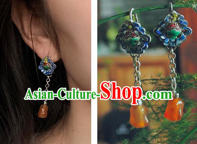 China Handmade National Agate Tassel Earrings Traditional Cheongsam Cloisonne Silver Ear Jewelry