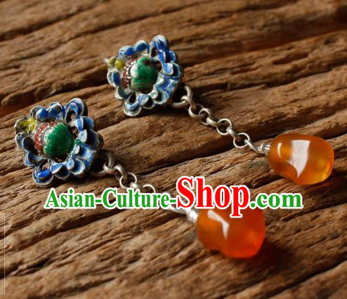 China Handmade National Agate Tassel Earrings Traditional Cheongsam Cloisonne Silver Ear Jewelry