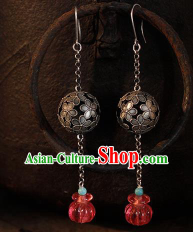 China Handmade National Silver Hydrangea Earrings Traditional Cheongsam Garnet Sachet Ear Jewelry