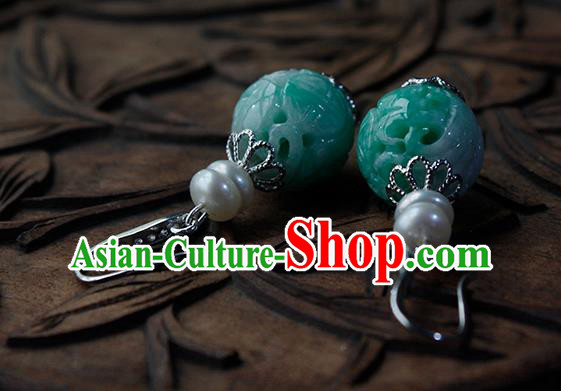 China Handmade National Jadeite Carving Earrings Traditional Cheongsam Pearls Ear Jewelry