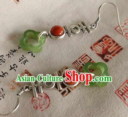 China Handmade National Wedding Silver Earrings Traditional Cheongsam Jade Coral Ear Jewelry