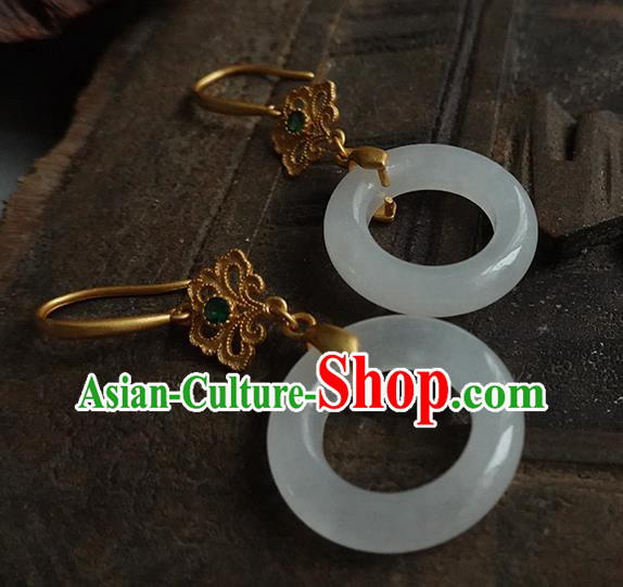 China Handmade National White Jade Ring Earrings Traditional Cheongsam Golden Ear Jewelry