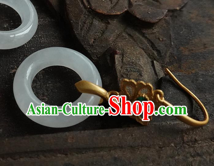 China Handmade National White Jade Ring Earrings Traditional Cheongsam Golden Ear Jewelry