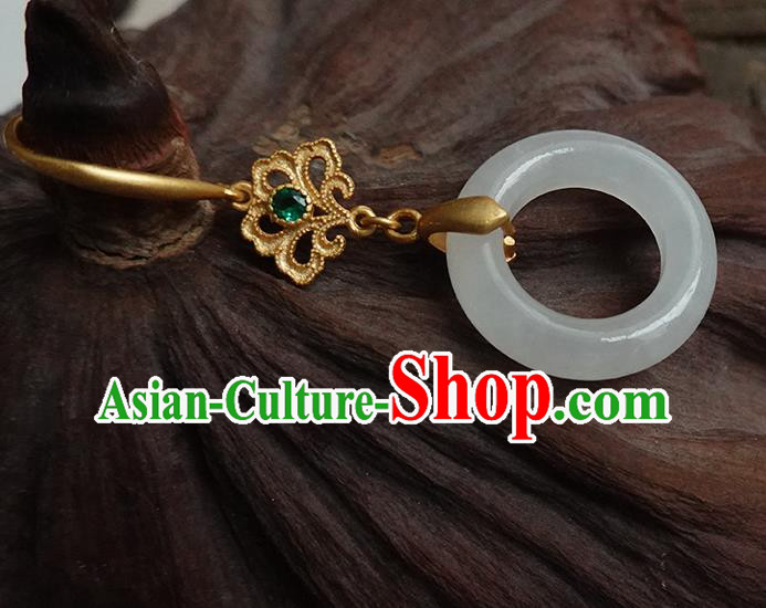 China Handmade National White Jade Ring Earrings Traditional Cheongsam Golden Ear Jewelry