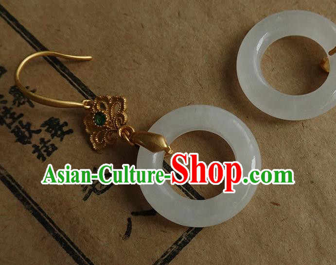 China Handmade National White Jade Ring Earrings Traditional Cheongsam Golden Ear Jewelry