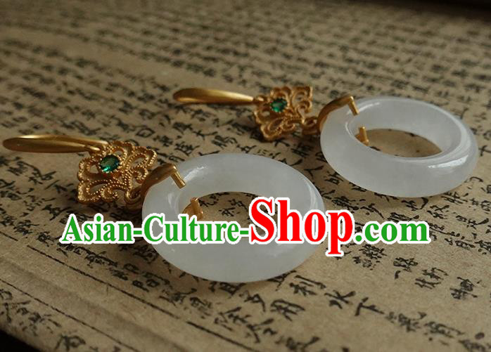 China Handmade National White Jade Ring Earrings Traditional Cheongsam Golden Ear Jewelry