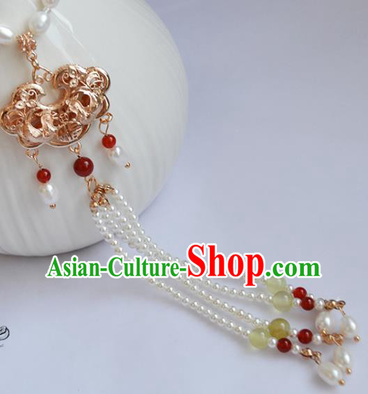 Chinese Ancient Princess Pearls Necklace Handmade Traditional Ming Dynasty Golden Lock Necklet Jewelry