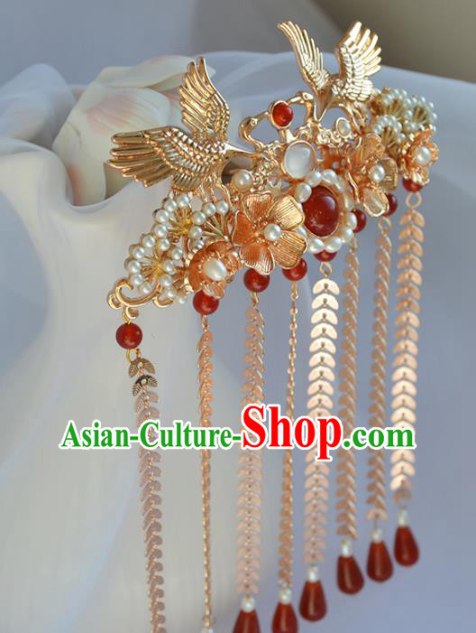 Chinese Traditional Ming Dynasty Wedding Hair Accessories Ancient Bride Golden Crane Tassel Hairpin