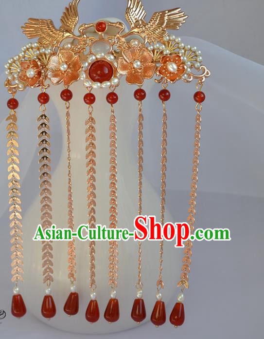 Chinese Traditional Ming Dynasty Wedding Hair Accessories Ancient Bride Golden Crane Tassel Hairpin