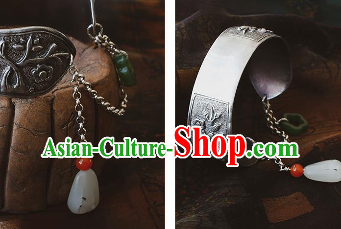 Handmade Chinese Silver Carving Bracelet Traditional Wristlet Accessories Classical Cheongsam Jewelry