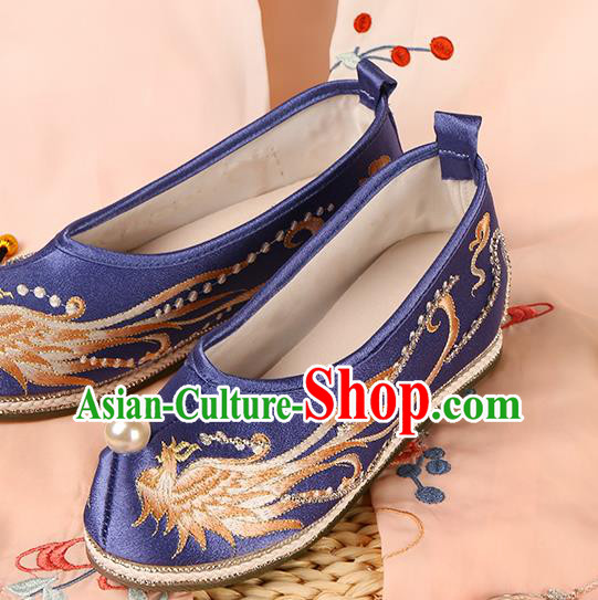 Handmade Chinese Ancient Princess Shoes Traditional Hanfu Wedding Shoes Ming Dynasty Embroidered Phoenix Shoes