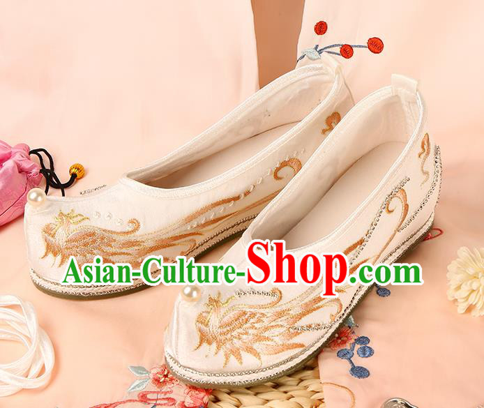 Handmade Ming Dynasty Embroidered Phoenix Shoes Chinese Ancient Princess Shoes Traditional Hanfu White Satin Shoes