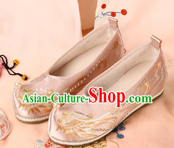 Handmade Chinese Traditional Hanfu Pink Satin Shoes Ming Dynasty Embroidered Phoenix Shoes Ancient Princess Shoes