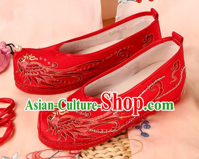 Handmade Chinese Traditional Hanfu Wedding Shoes Ming Dynasty Embroidered Phoenix Shoes Ancient Bride Red Shoes