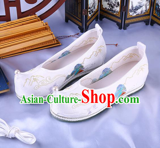 Chinese Traditional Hanfu White Satin Shoes Ming Dynasty Embroidered Landscape Shoes Ancient Princess Bow Shoes