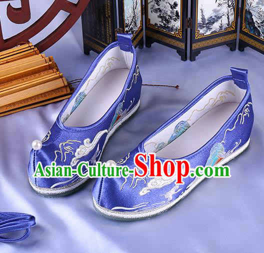 Chinese Ancient Princess Bow Shoes Traditional Hanfu Blue Satin Shoes Ming Dynasty Embroidered Landscape Shoes