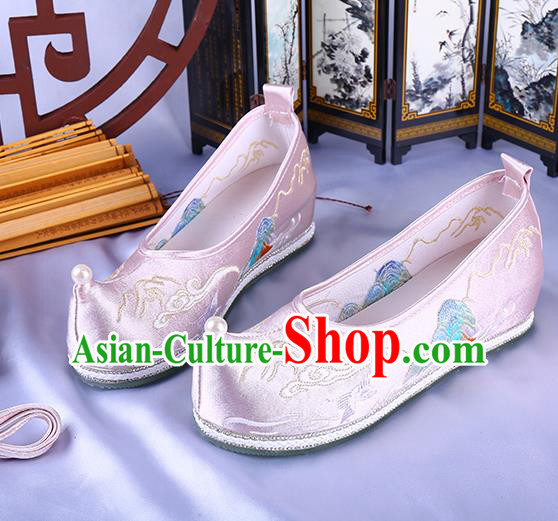Chinese Ming Dynasty Embroidered Landscape Shoes Ancient Princess Bow Shoes Traditional Hanfu Pink Satin Shoes
