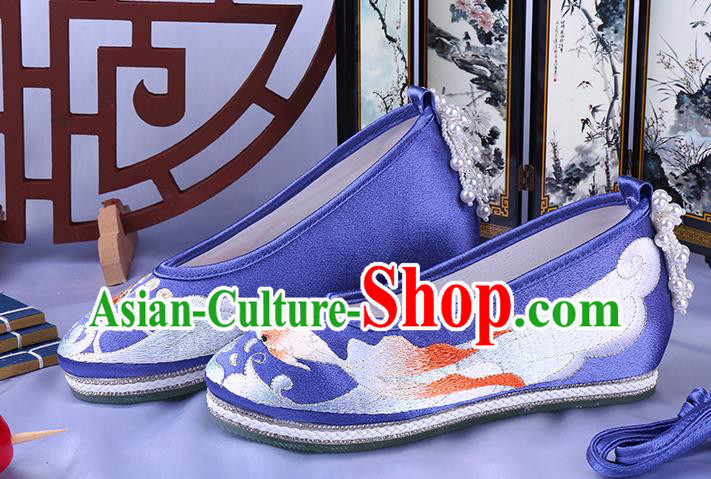 China Classical Dance Shoes National Embroidery Goldfish Shoes Traditional Handmade Blue Cloth Shoes