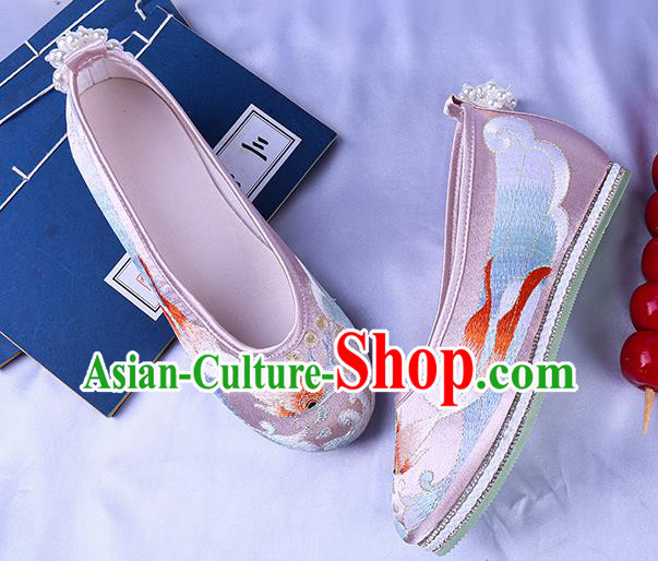 China National Embroidery Goldfish Shoes Traditional Dance Pink Cloth Shoes Classical Bride Shoes