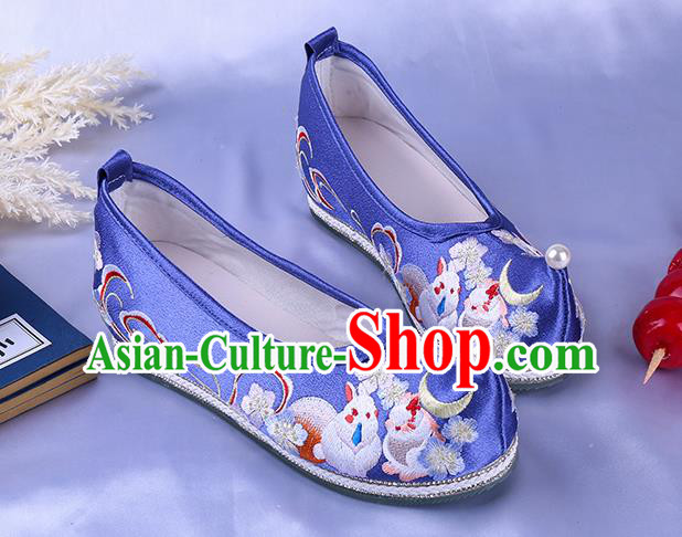 Chinese Ancient Princess Royalblue Satin Shoes Traditional Hanfu Shoes Ming Dynasty Embroidered Bow Shoes