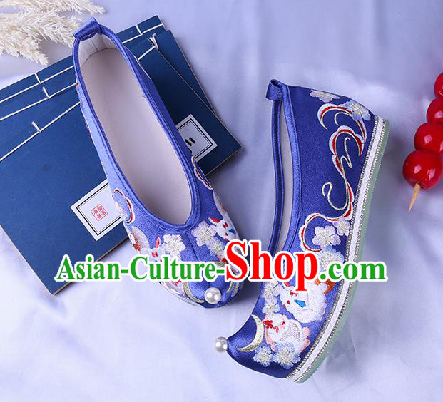 Chinese Ancient Princess Royalblue Satin Shoes Traditional Hanfu Shoes Ming Dynasty Embroidered Bow Shoes