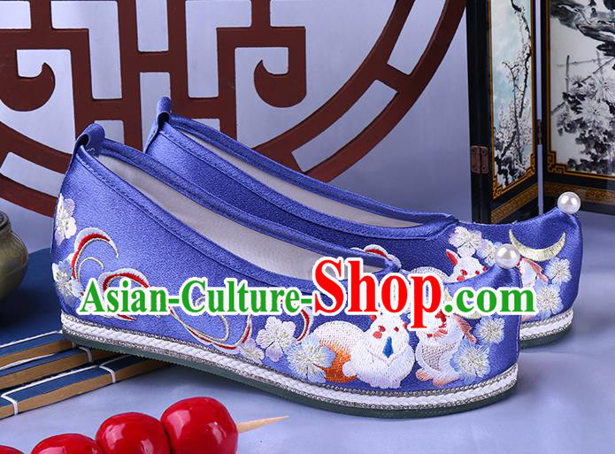 Chinese Ancient Princess Royalblue Satin Shoes Traditional Hanfu Shoes Ming Dynasty Embroidered Bow Shoes