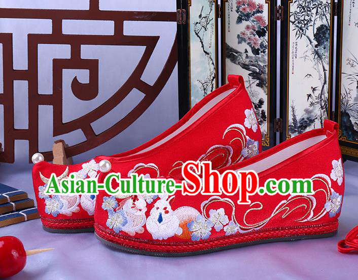 Chinese Traditional Wedding Hanfu Shoes Ming Dynasty Embroidered Bow Shoes Ancient Princess Red Satin Shoes