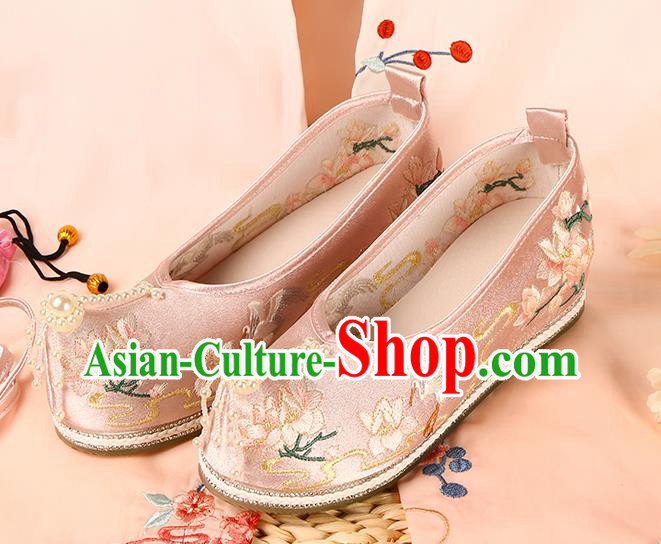 Chinese Traditional Pearls Toe Hanfu Shoes Ancient Ming Dynasty Princess Shoes Embroidered Pink Satin Shoes