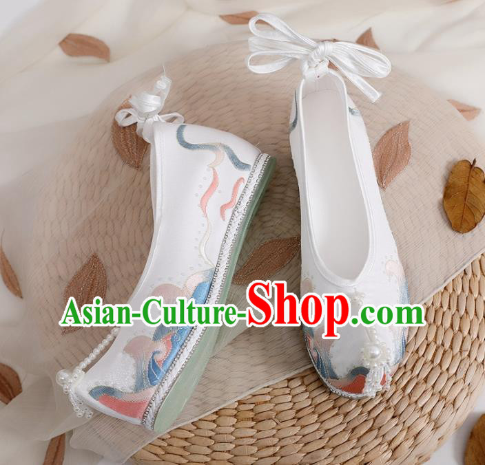 Chinese Ancient Princess Embroidered White Satin Shoes Traditional Ming Dynasty Pearls Shoes Hanfu Shoes