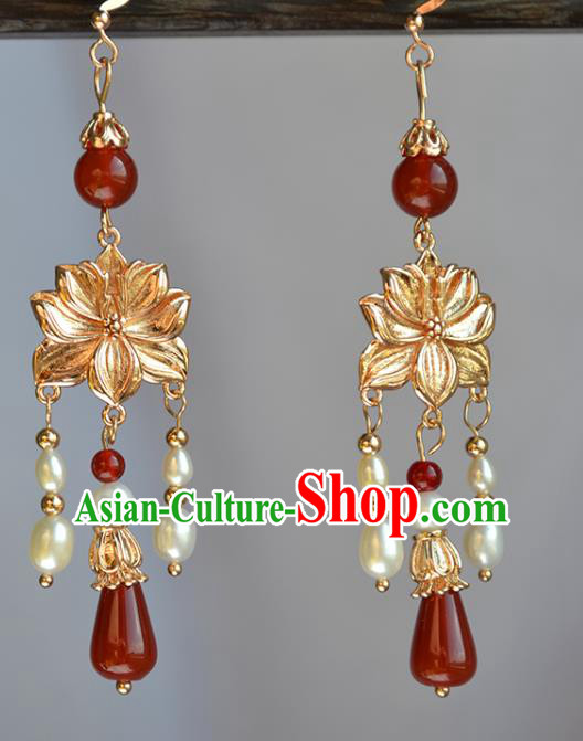 China Classical Pearls Tassel Ear Accessories Traditional Ming Dynasty Hanfu Golden Lotus Earrings