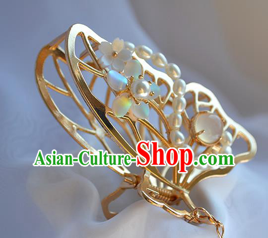 Chinese Traditional Cheongsam Pearls Tassel Hair Stick Ancient Princess Golden Butterfly Hair Stick