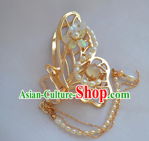 Chinese Traditional Cheongsam Pearls Tassel Hair Stick Ancient Princess Golden Butterfly Hair Stick