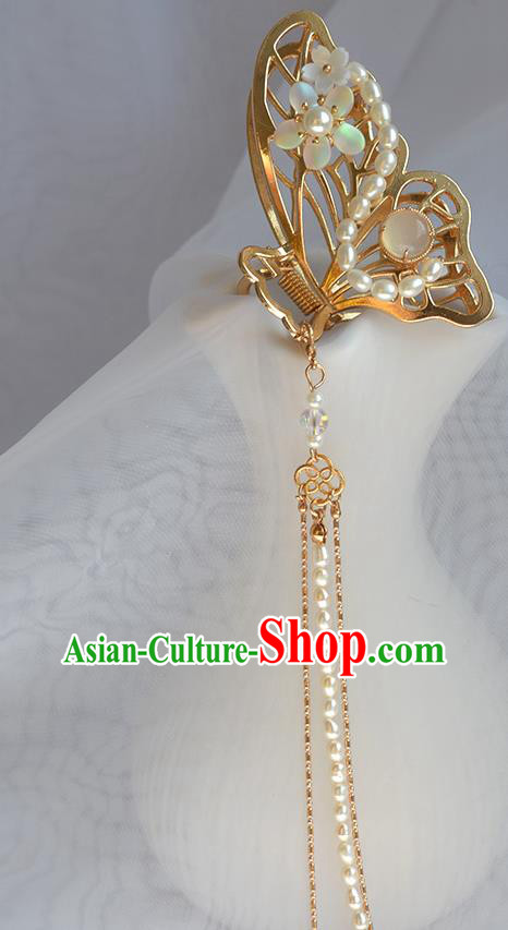 Chinese Traditional Cheongsam Pearls Tassel Hair Stick Ancient Princess Golden Butterfly Hair Stick