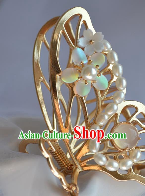Chinese Traditional Cheongsam Pearls Tassel Hair Stick Ancient Princess Golden Butterfly Hair Stick