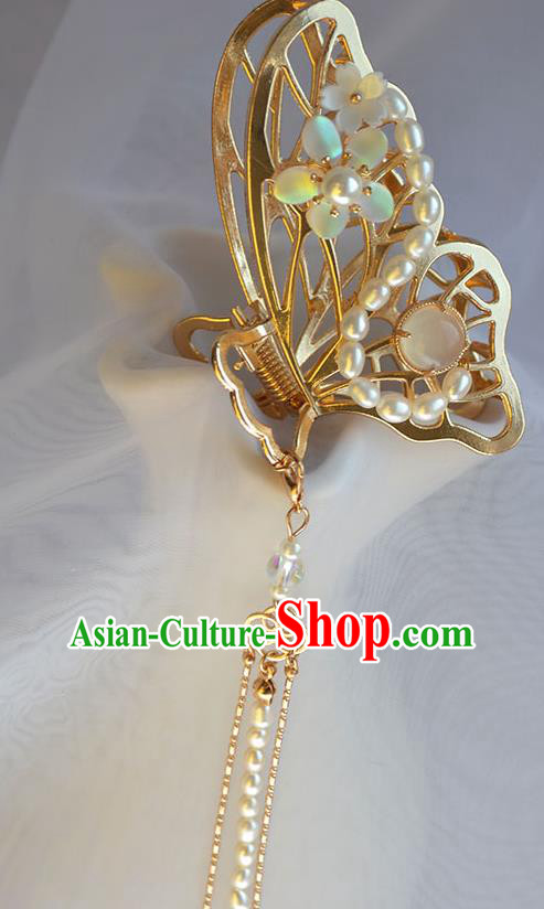Chinese Traditional Cheongsam Pearls Tassel Hair Stick Ancient Princess Golden Butterfly Hair Stick