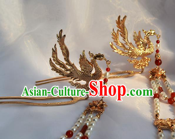 Chinese Traditional Ming Dynasty Court Hair Stick Ancient Empress Pearls Tassel Phoenix Hairpin
