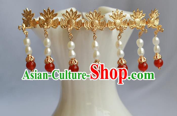 Chinese Traditional Ming Dynasty Queen Pearls Tassel Hair Stick Ancient Empress Seven Phoenix Hairpin