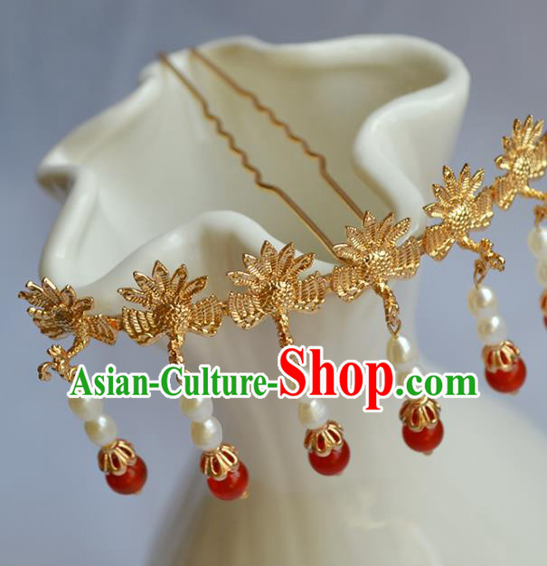 Chinese Traditional Ming Dynasty Queen Pearls Tassel Hair Stick Ancient Empress Seven Phoenix Hairpin