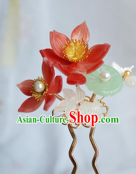 Chinese Traditional Song Dynasty Princess Hair Stick Ancient Palace Lady Red Lotus Goldfish Hairpin