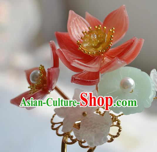 Chinese Traditional Song Dynasty Princess Hair Stick Ancient Palace Lady Red Lotus Goldfish Hairpin