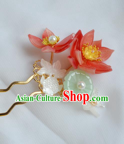 Chinese Traditional Song Dynasty Princess Hair Stick Ancient Palace Lady Red Lotus Goldfish Hairpin