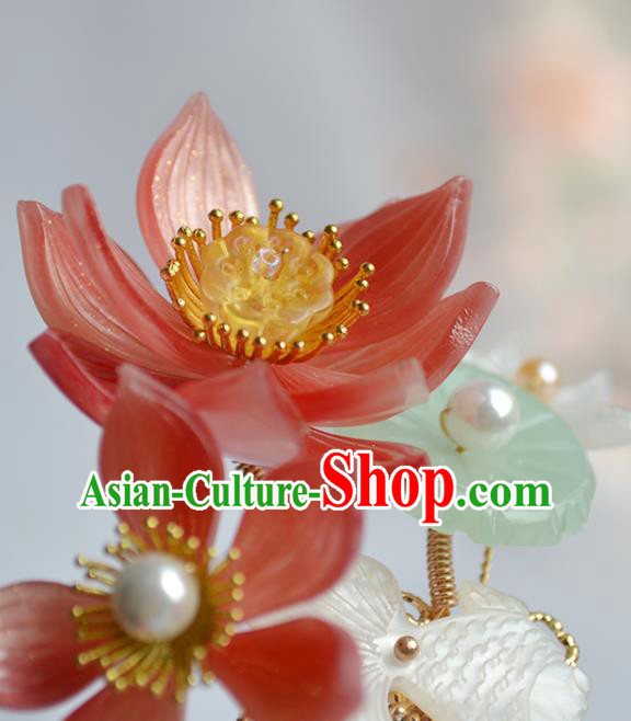 Chinese Traditional Song Dynasty Princess Hair Stick Ancient Palace Lady Red Lotus Goldfish Hairpin