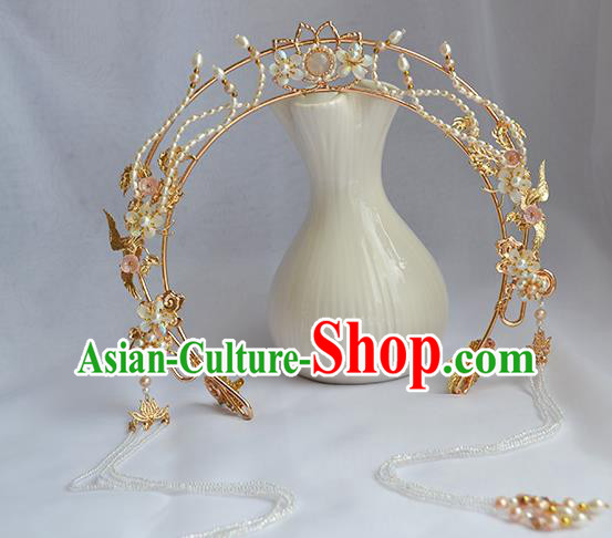 Chinese Traditional Hanfu Beads Tassel Hair Clasp Ancient Goddess Golden Lotus Hair Crown