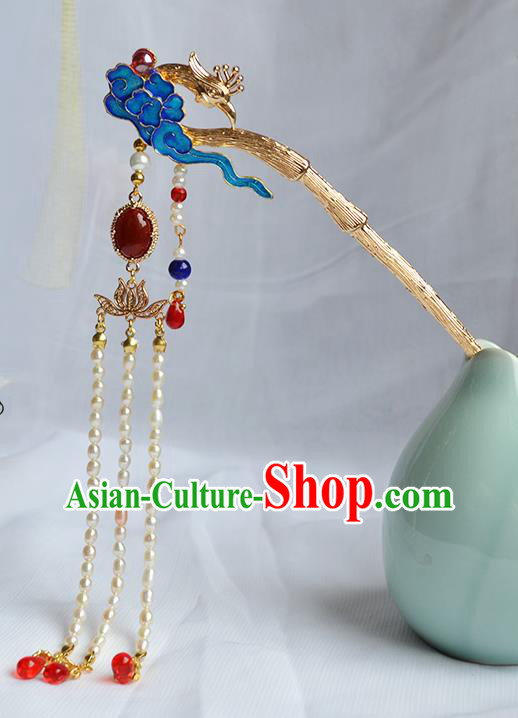 Chinese Traditional Hanfu Cloisonne Cloud Hair Stick Ancient Empress Pearls Tassel Hairpin