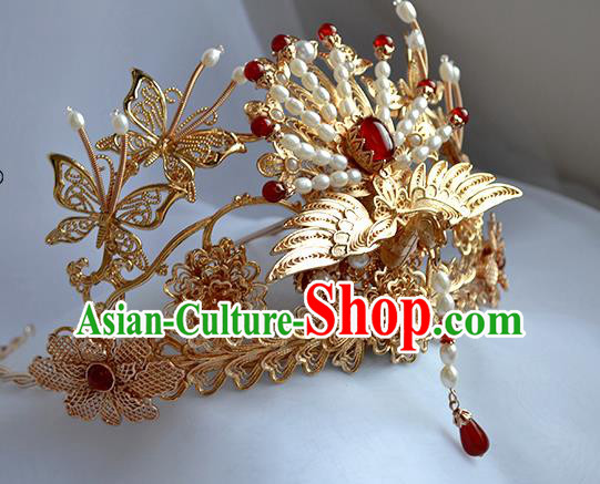 Chinese Traditional Wedding Hair Accessories Ancient Ming Dynasty Bride Golden Phoenix Hair Crown