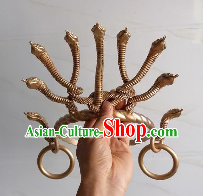Chinese Ancient Drama Nine Heads Snake Monster Hair Clasp Handmade Golden Hair Crown