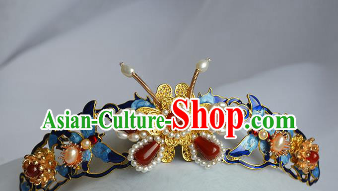 Chinese Traditional Ming Dynasty Court Woman Hair Accessories Ancient Empress Cloisonne Butterfly Hair Crown