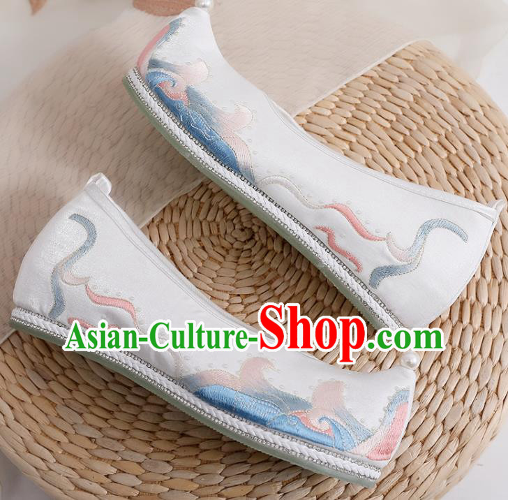 China Embroidered White Satin Shoes Traditional Hanfu Shoes Ancient Ming Dynasty Princess Shoes
